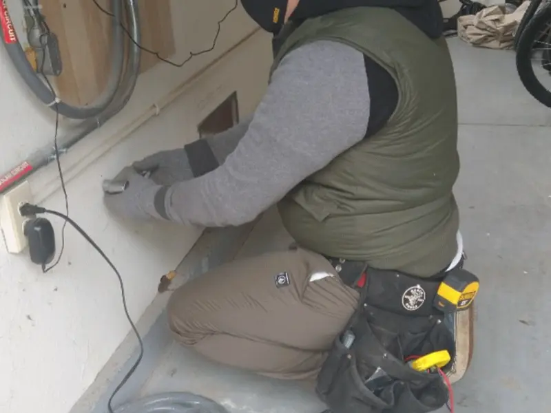 Electrician performing outlet wiring in a Flora garage